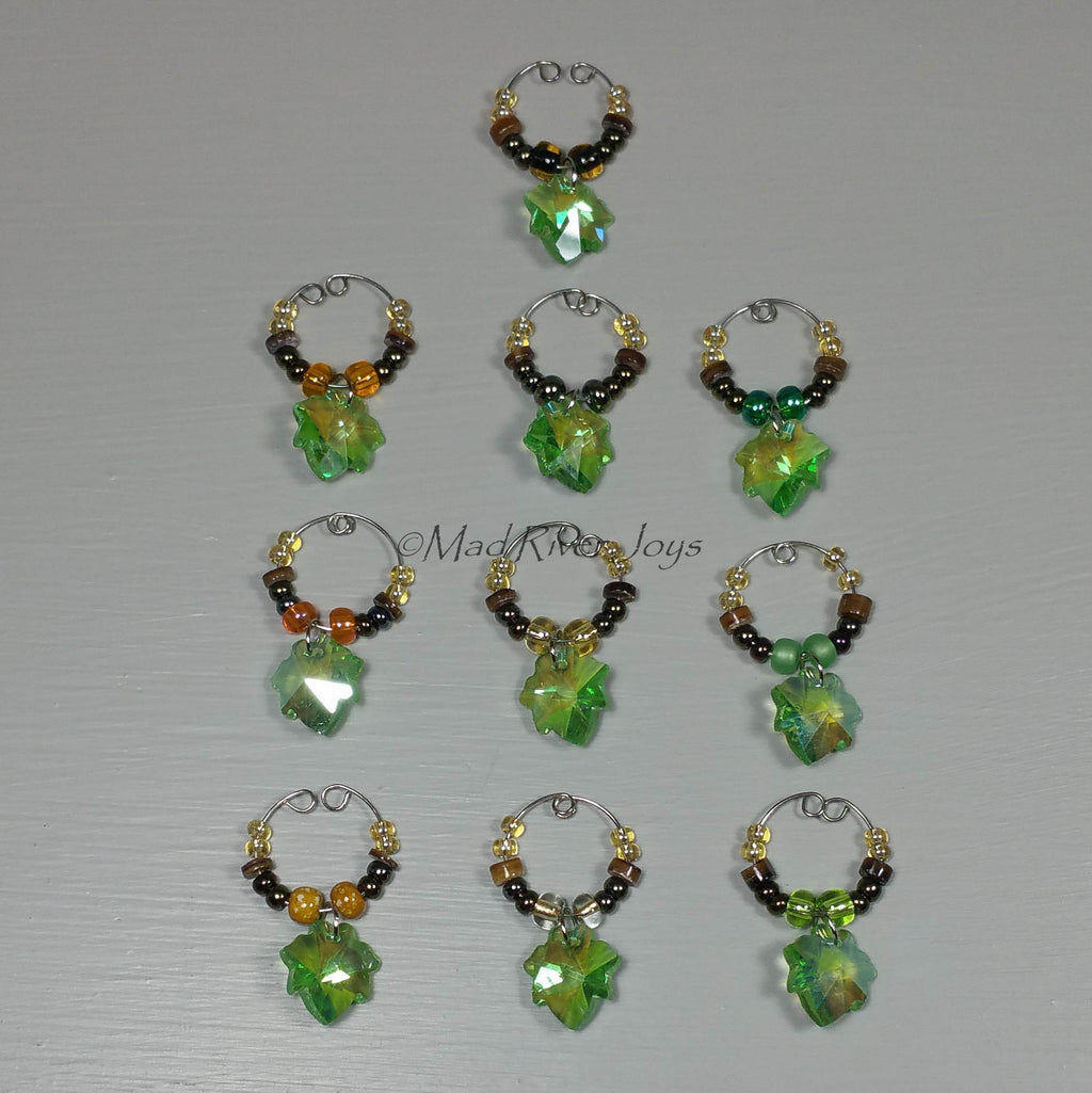 Wine Glass Charms--Glass Crystal Leaf--Bronze
