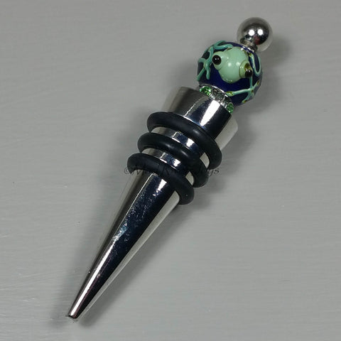 Bottle Stopper--Small Green Lampwork Frog on Blue Glass Bead