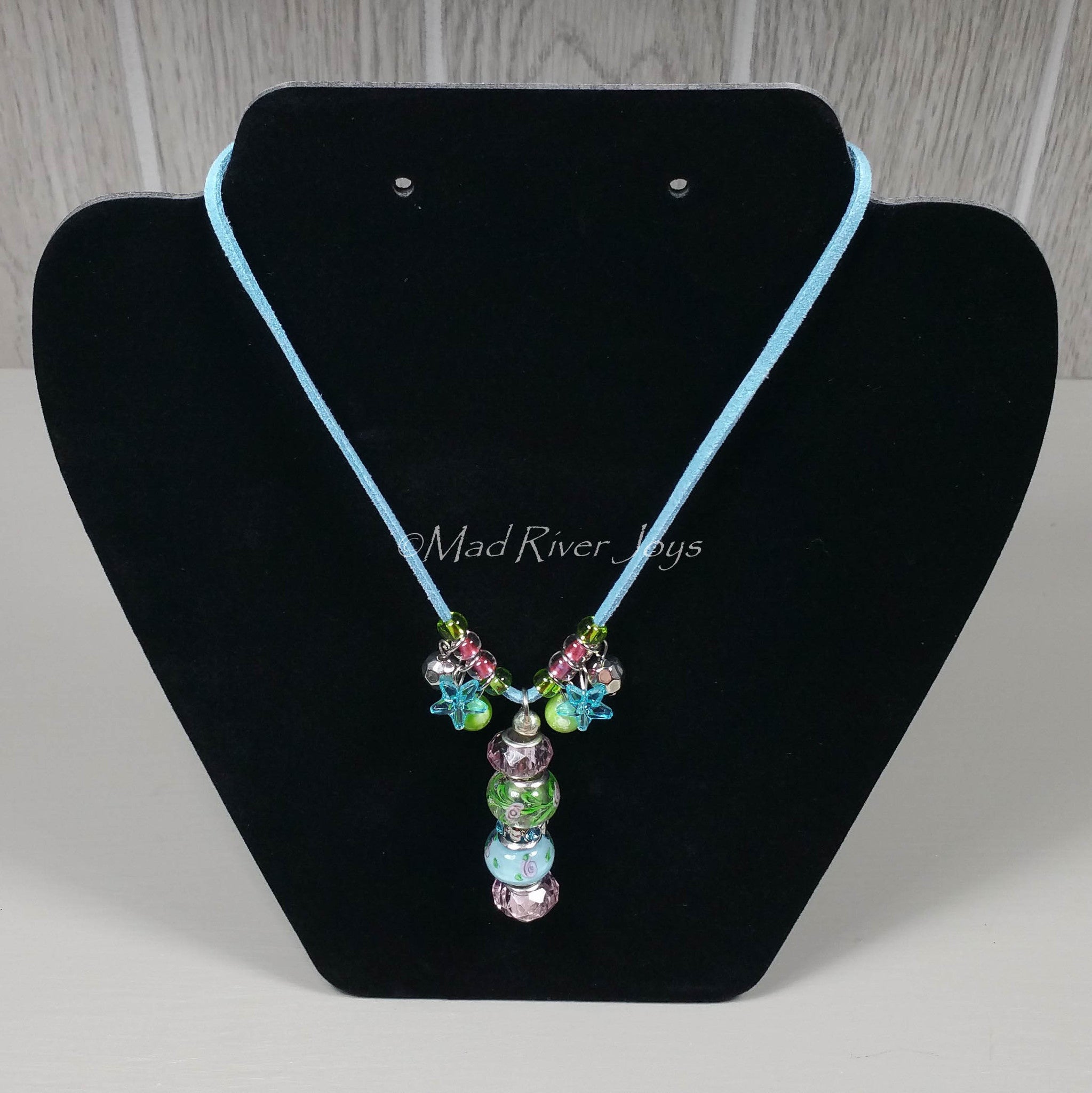 Necklace--Pink and Blue Glass Bead with Star Charms