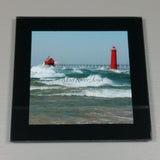 Coasters--Photo Print--Glass--Grand Haven, MI, Lighthouse Breaks Wave