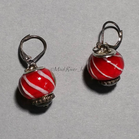 Earrings--Big Bead--Spiral Striped Red