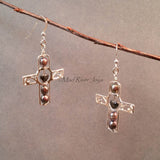 Earrings--Silver Cross--Hematite Heart/Jet Pearl