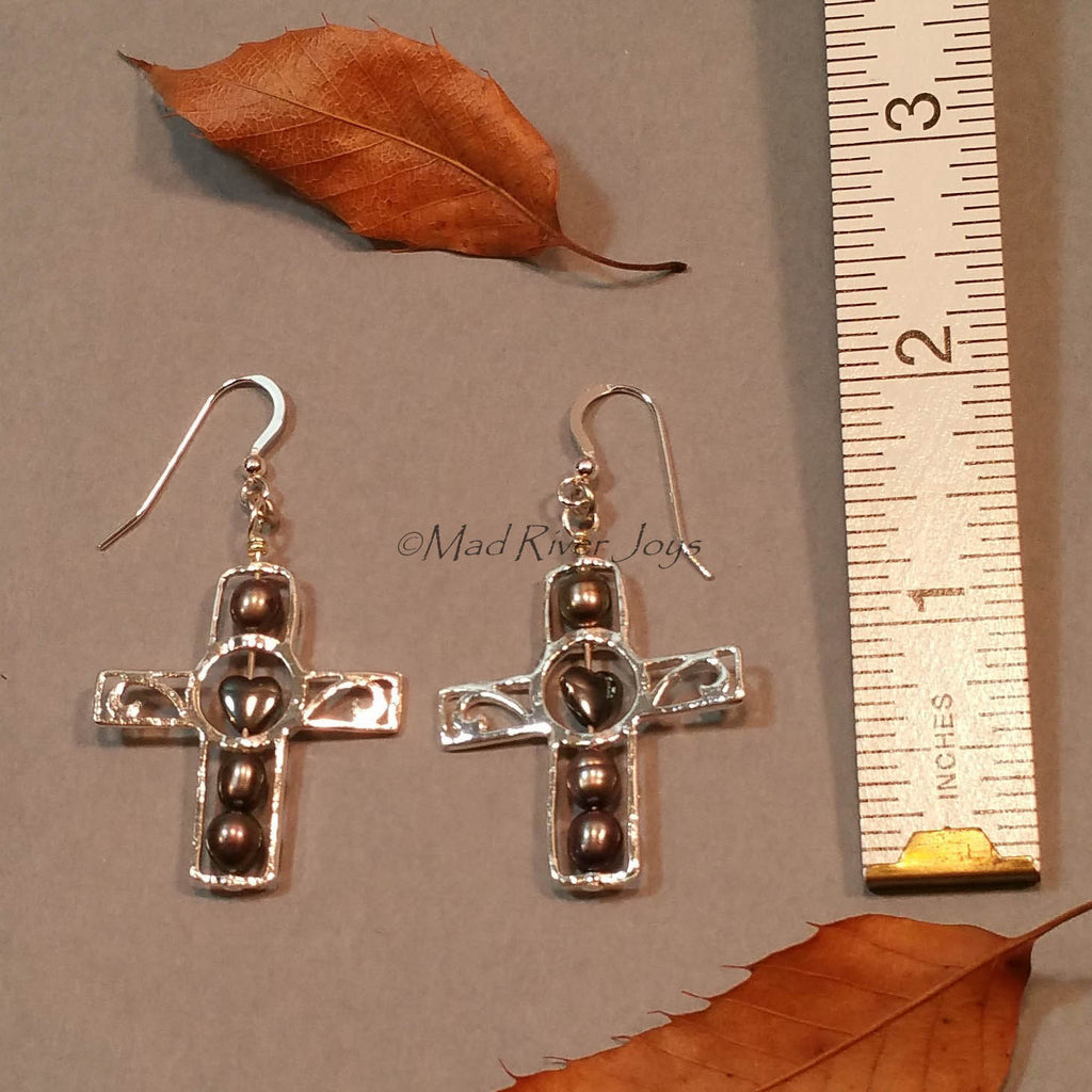 Earrings--Silver Cross--Hematite Heart/Jet Pearl