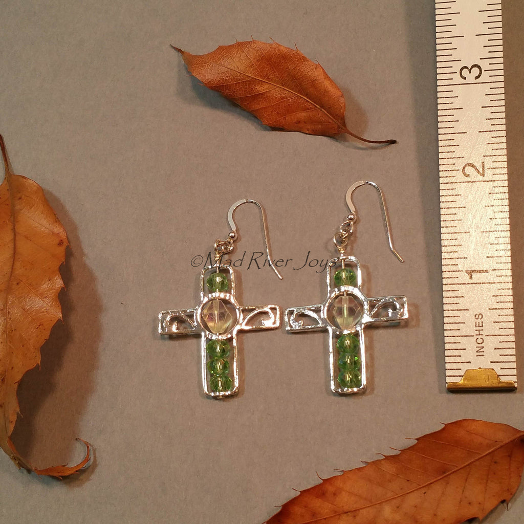 Earrings--Silver Cross--Light Green AB