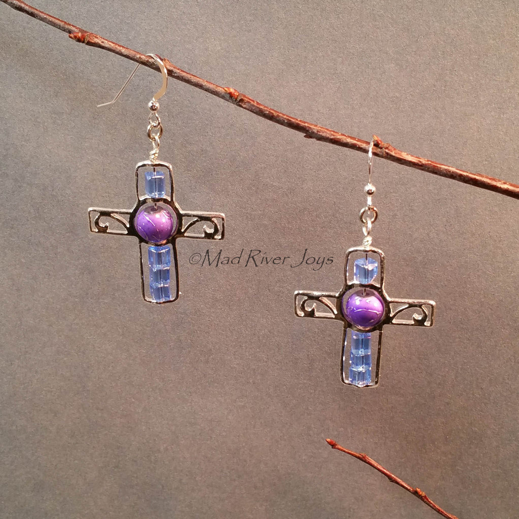 Earrings--Silver Cross--Blue/Purple