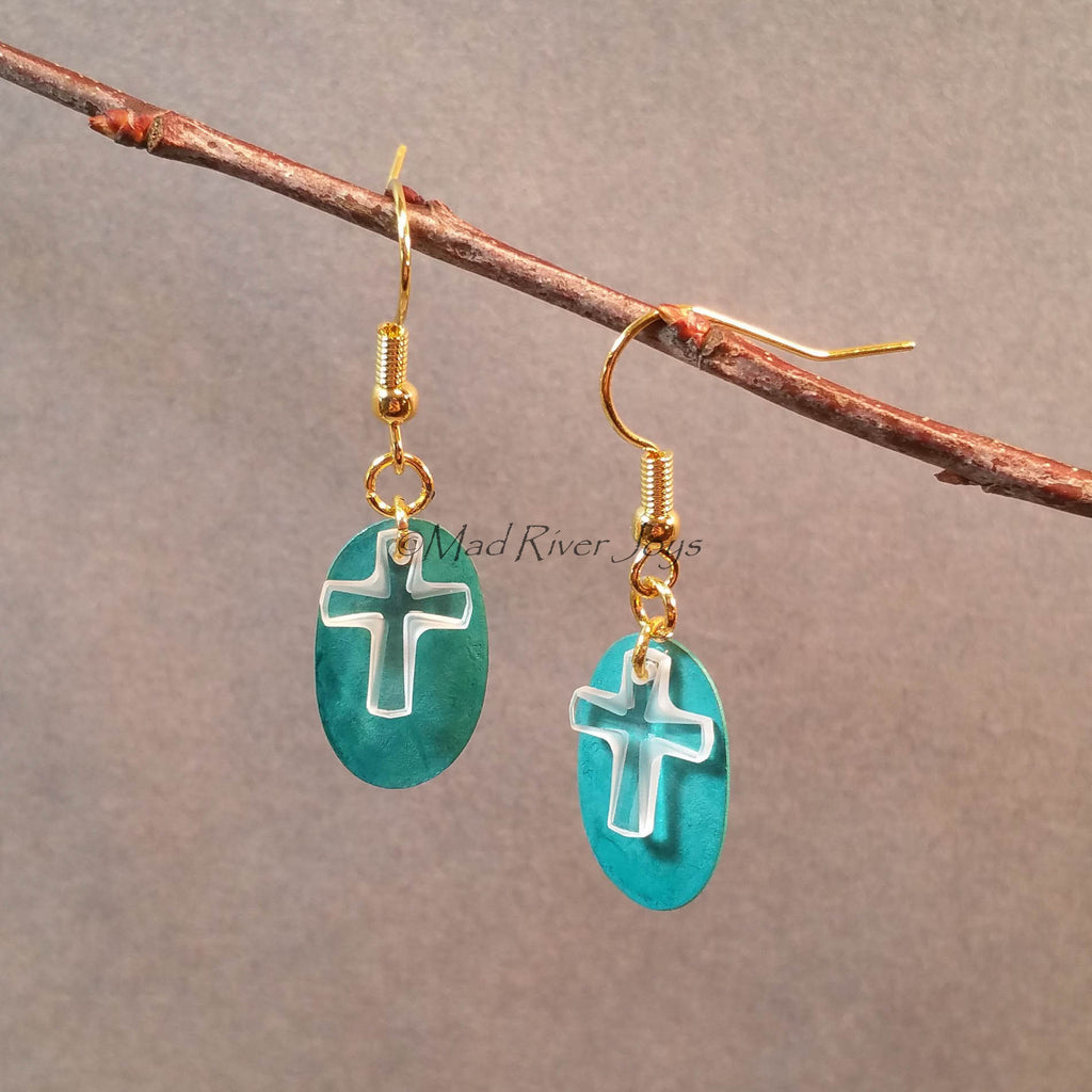 Earrings--Crystal Cross--Teal/Gold
