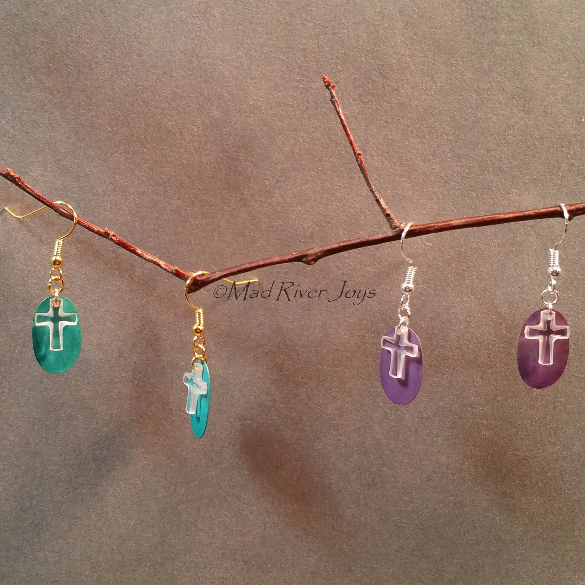 Earrings--Crystal Cross--Teal/Gold