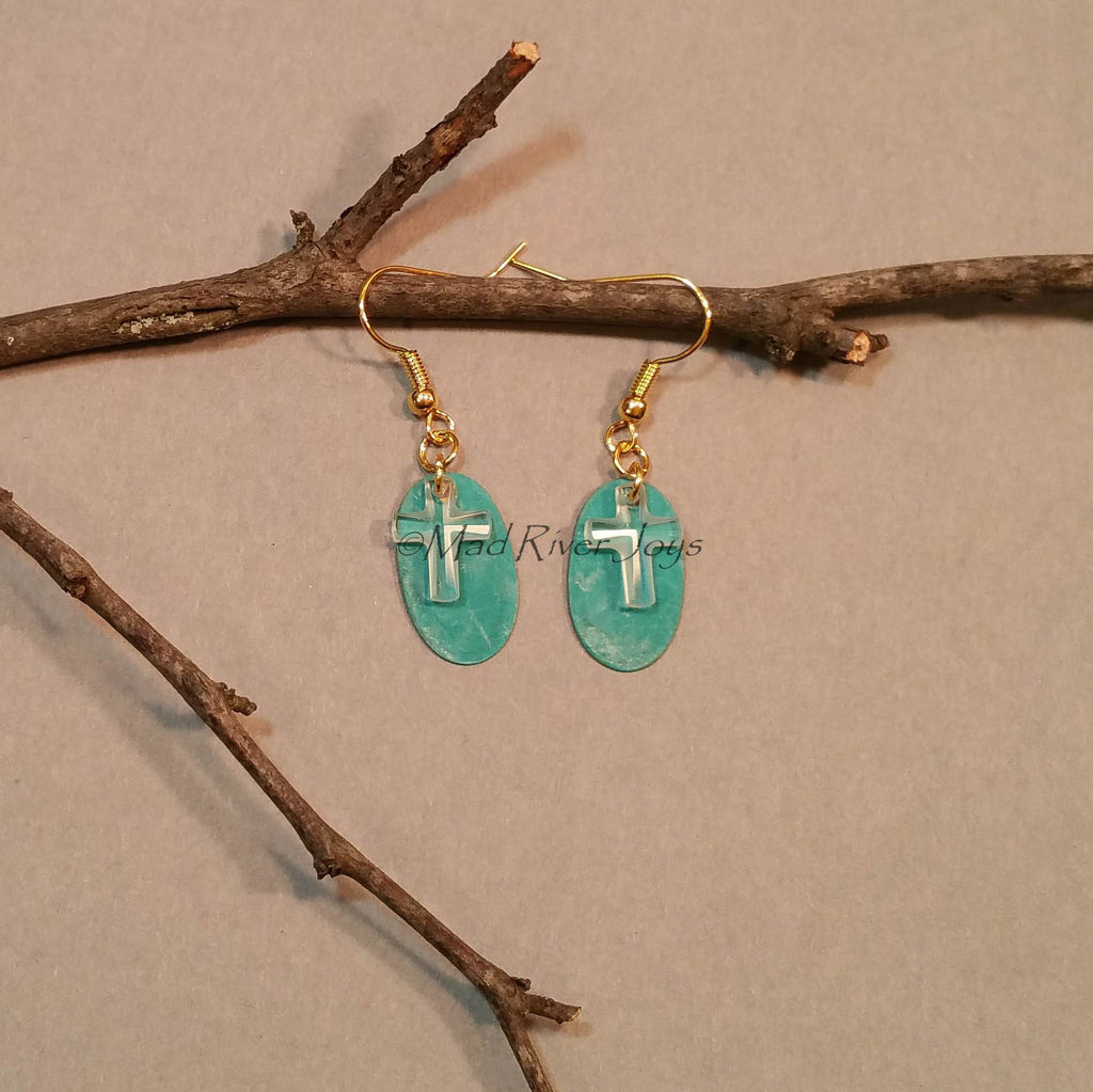 Earrings--Crystal Cross--Teal/Gold