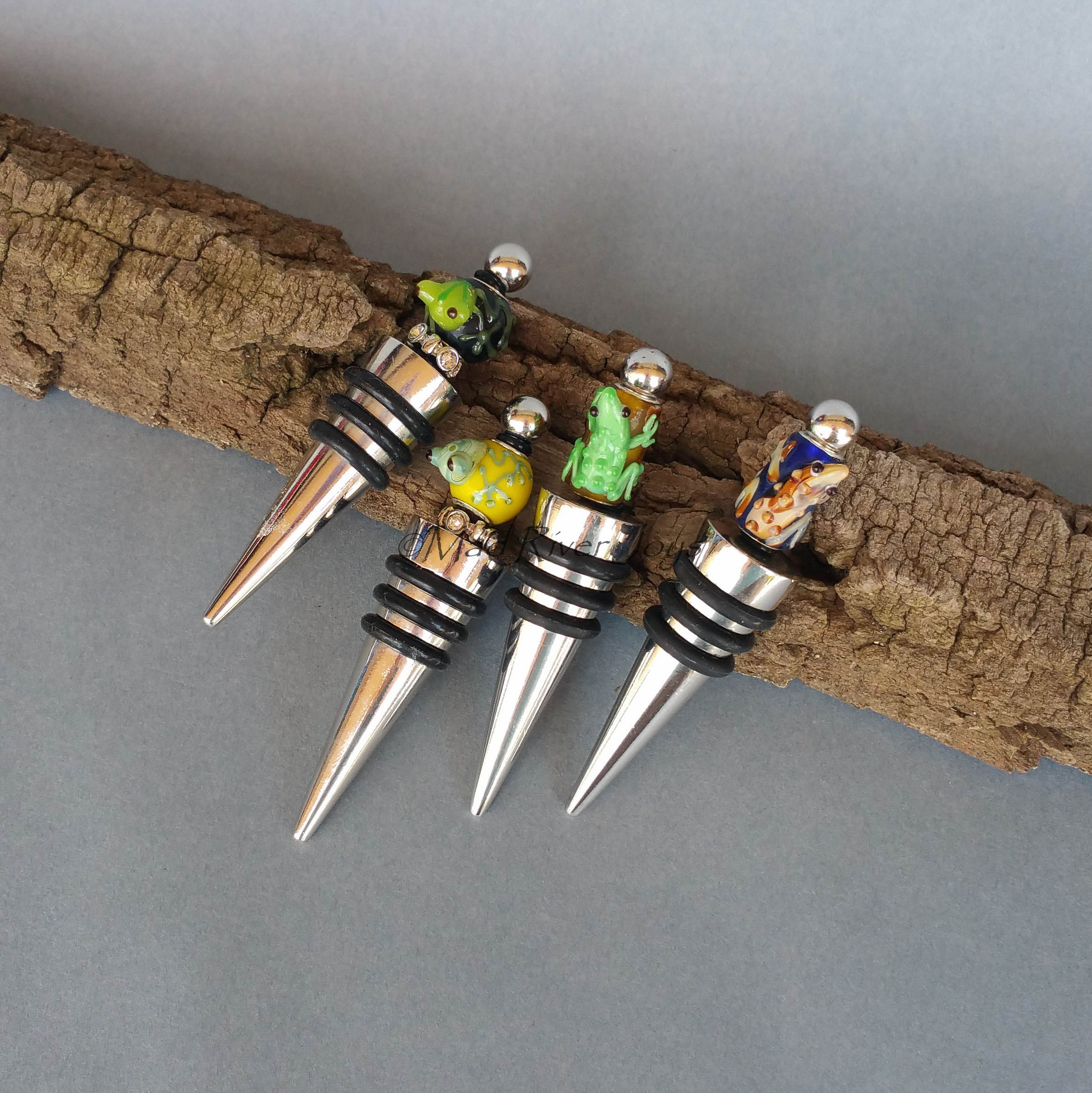 Bottle Stopper--Small Green Lampwork Frog on Yellow Glass Bead