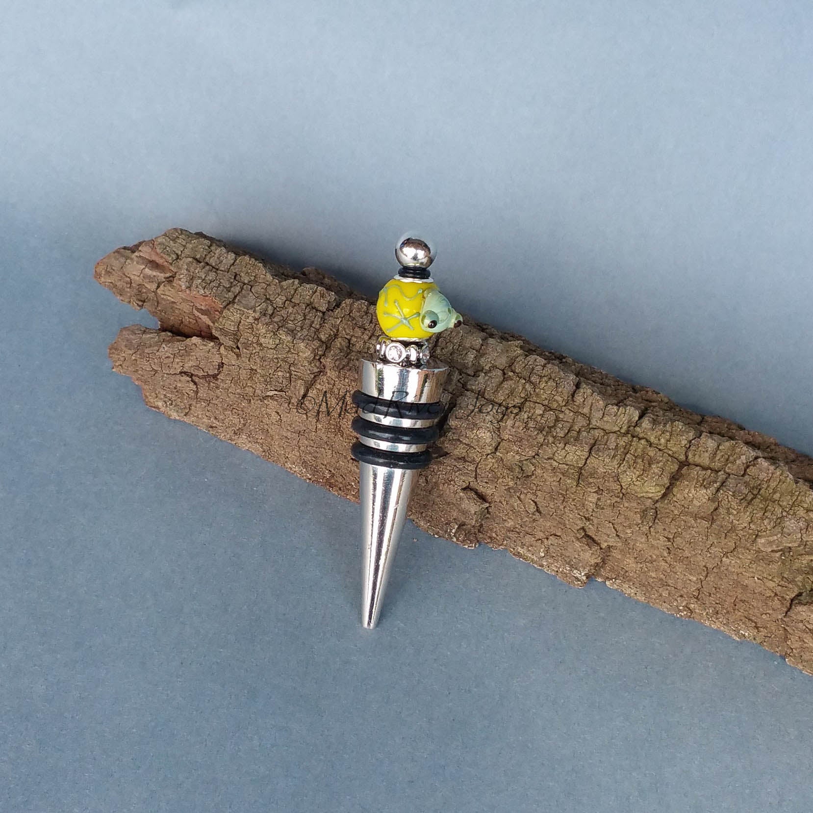 Bottle Stopper--Small Green Lampwork Frog on Yellow Glass Bead