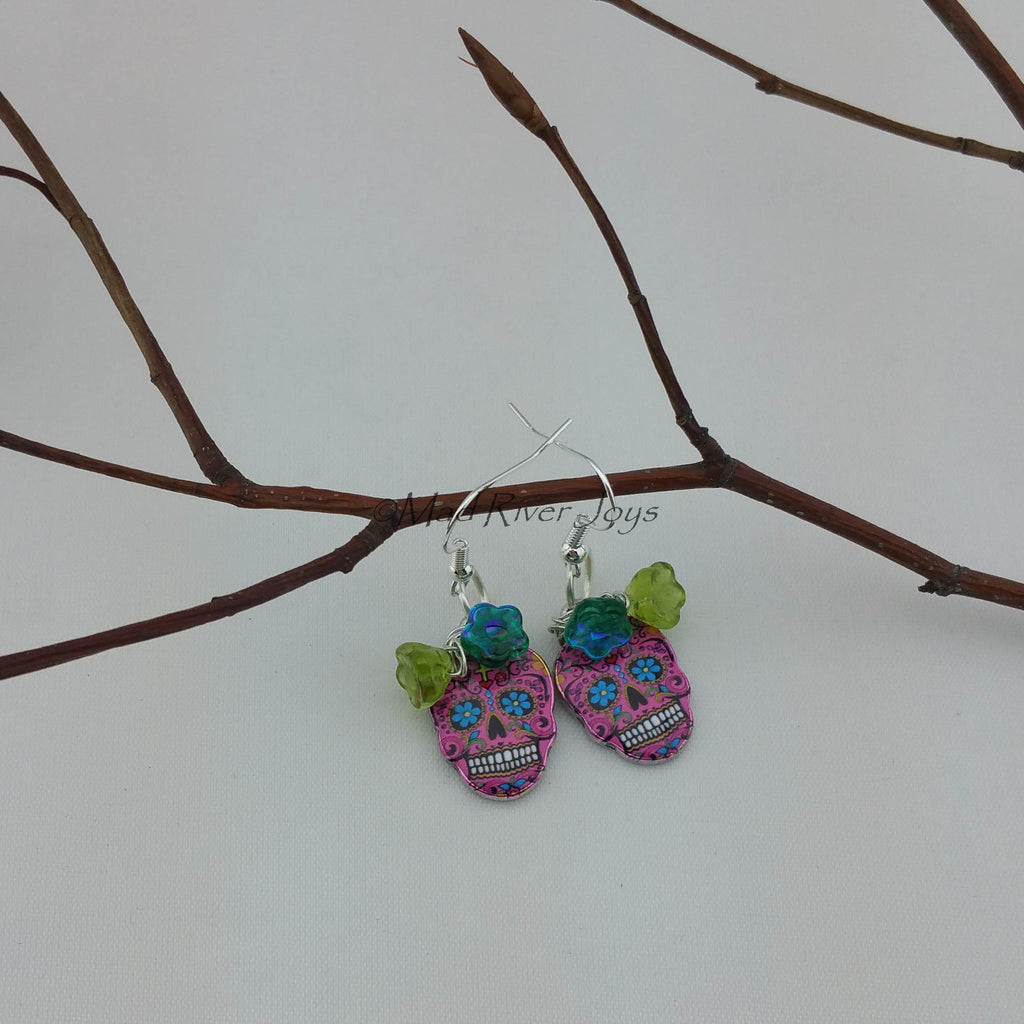 Earrings--Sugar Skull--Hot Pink w/Flower Beads