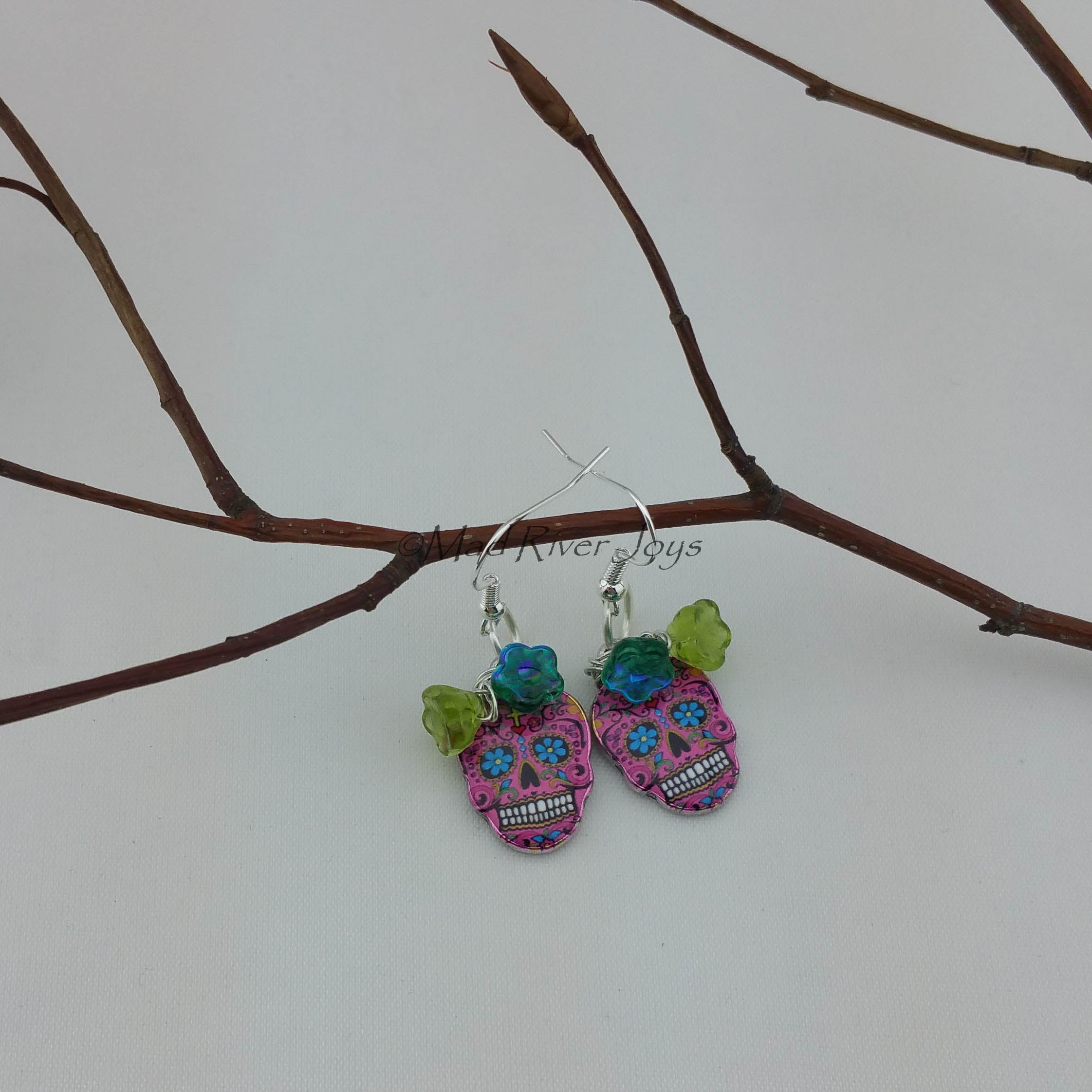 Earrings--Sugar Skull--Hot Pink w/Flower Beads