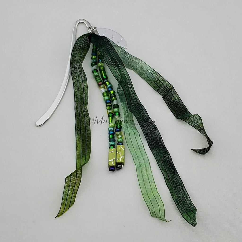Bookmark--Hook--Green with Hand-dyed Fairy Ribbon